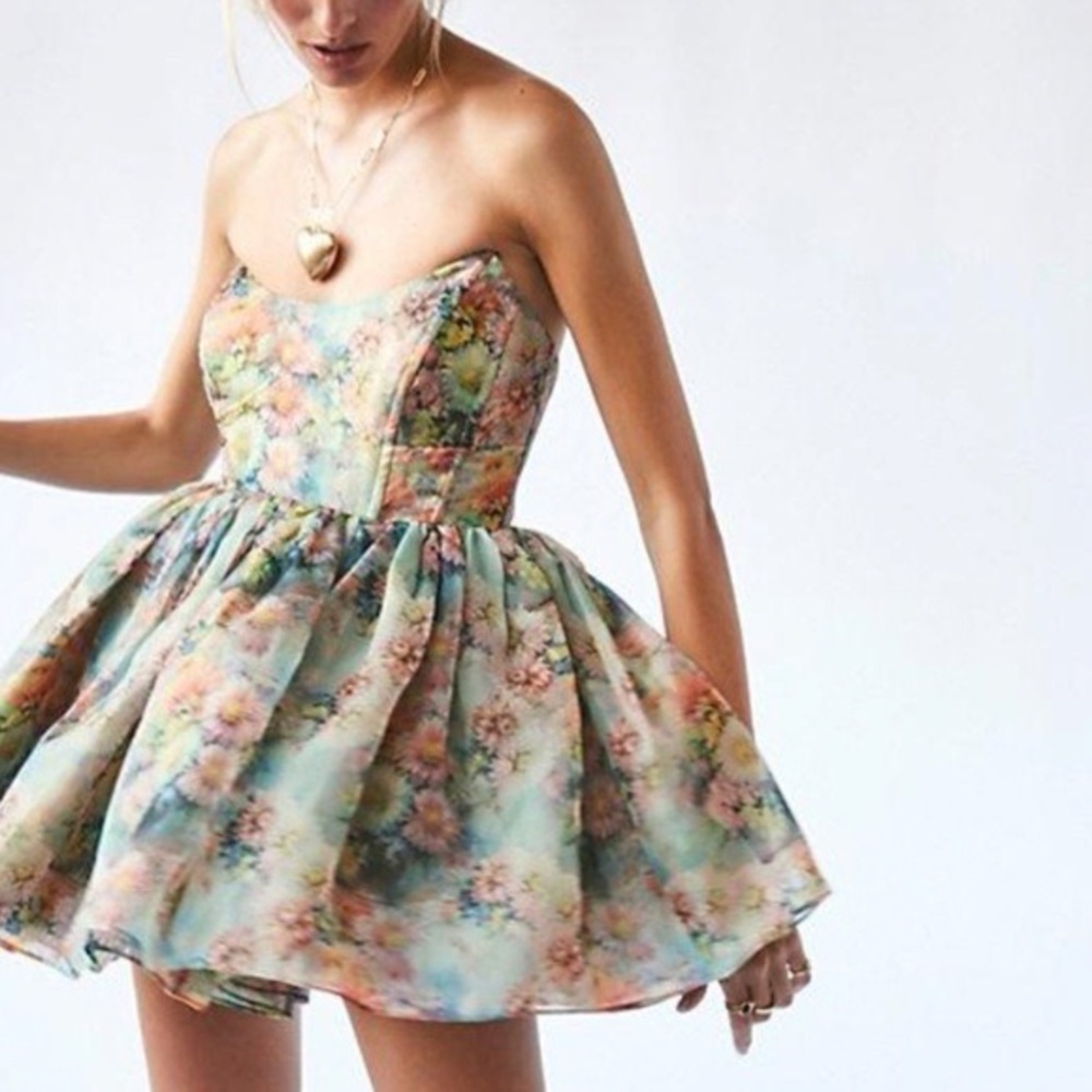 Selkie Floral Strapless Mini Dress in Pastel Blue